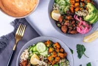 Honey Harissa Chicken Rice Bowls with Roasted Veggies