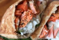 Broiled Salmon Gyros with Tzatziki and Lemon-Pepper Flavor