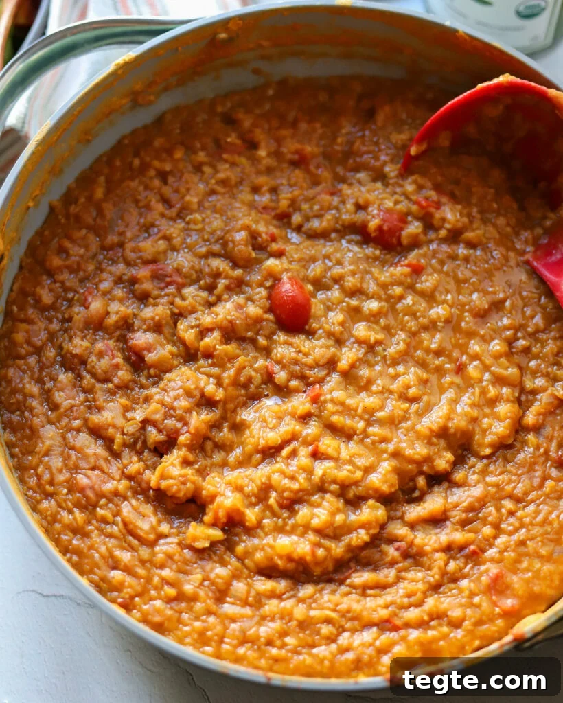 26 Cozy Vegan Dinners to Warm Your Winter Nights 11 Overhead shot of a big pot of cooked red lentils