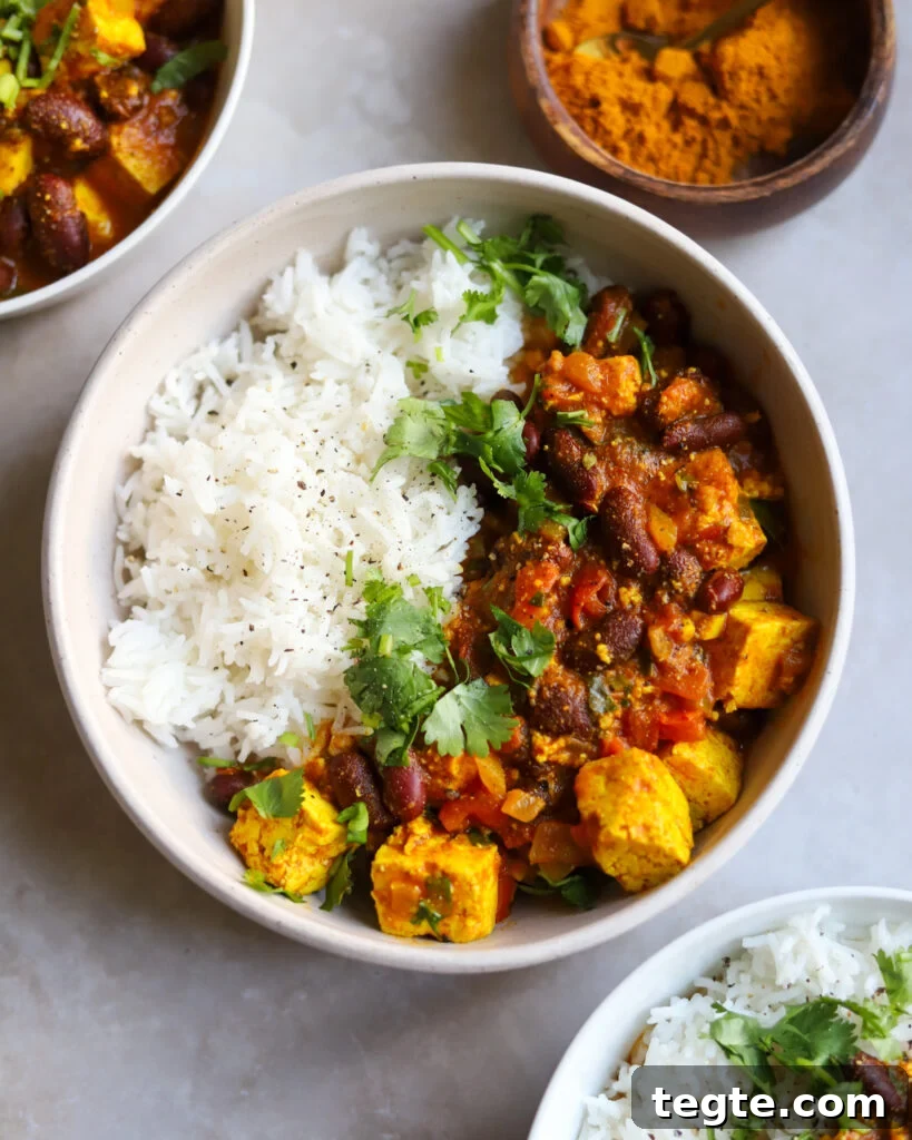 26 Cozy Vegan Dinners to Warm Your Winter Nights 3 overhead view of rajma curry kidney beans with tofu in a bowl with rice and cilantro