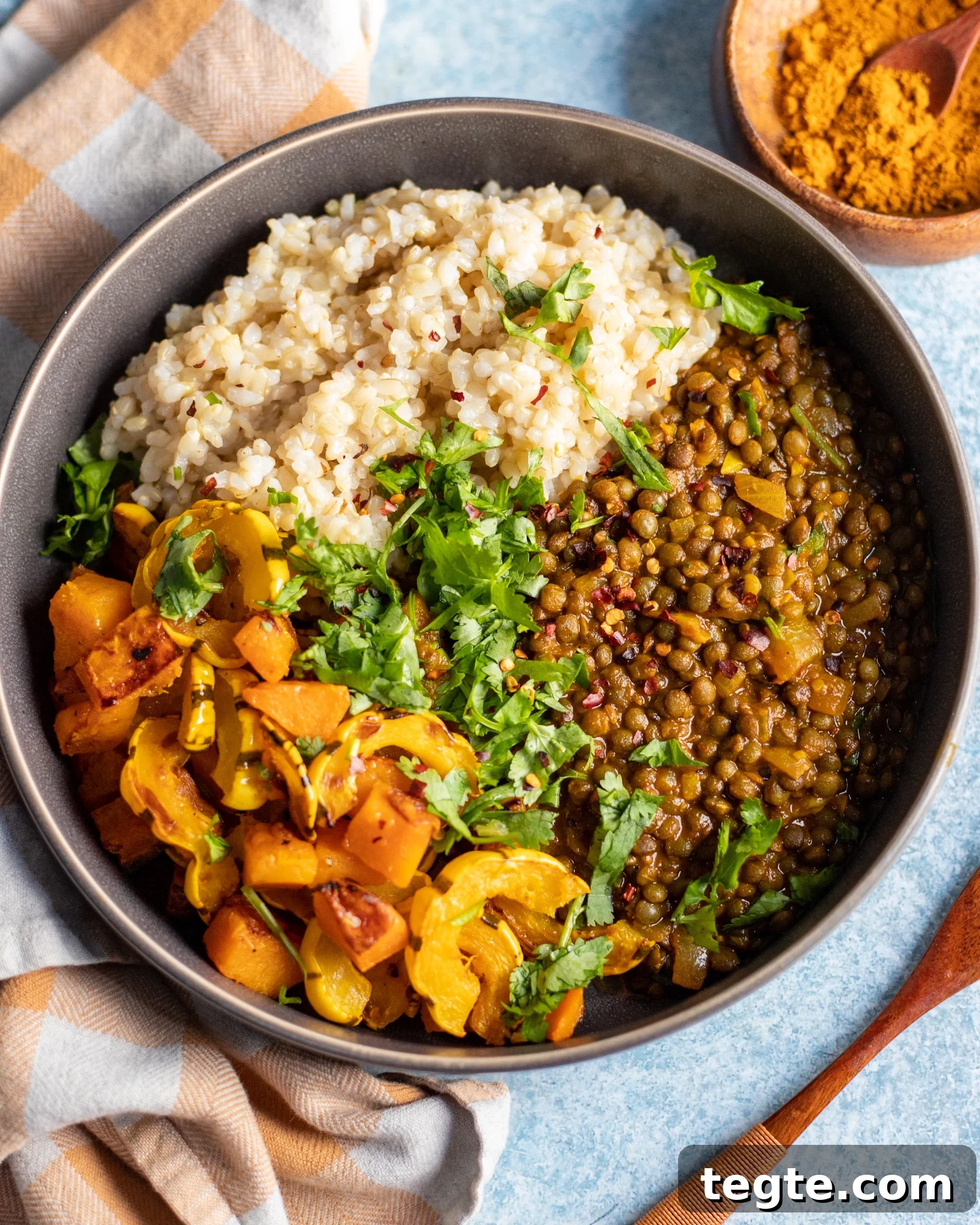 26 Cozy Vegan Dinners to Warm Your Winter Nights 24 overhead view of a spicy lentil curry dish with rice and delicata squash