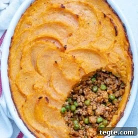Over 20 St. Patrick’s Day Recipes for Festive Celebrations 3 top view of an oval dish with a Healthy sweet potato shepherd's pie