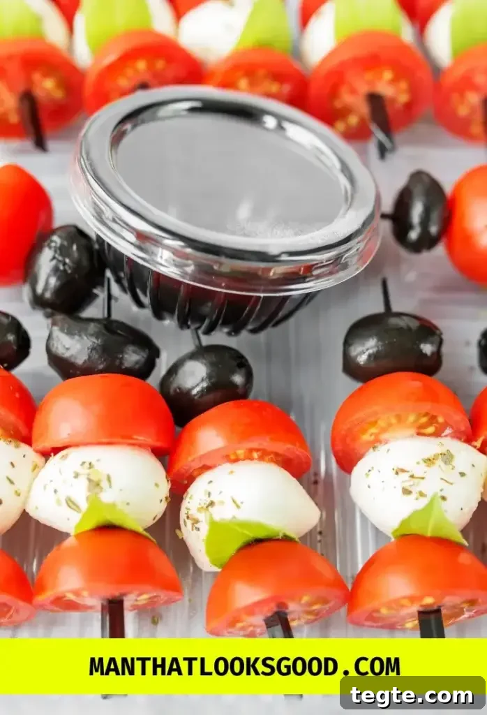 Caprese Skewers with Olives: Tomato, Mozzarella & Basil Bites 3 Caprese Skewers With Olive