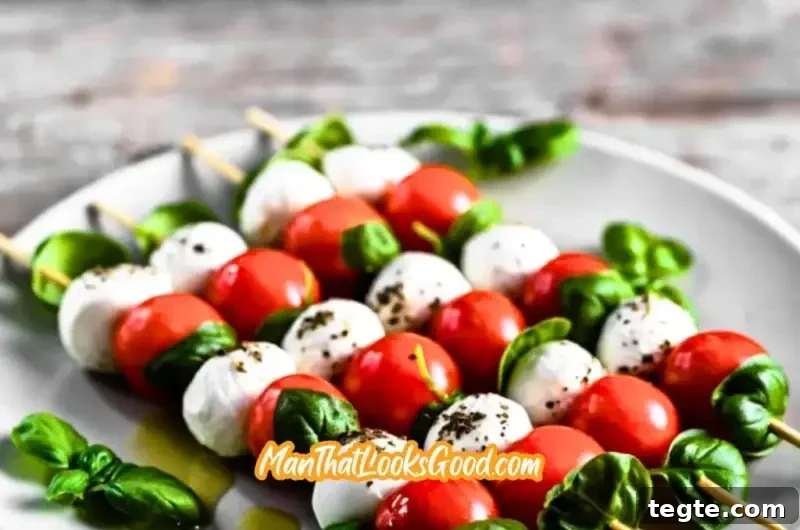 Caprese Skewers with Olives: Tomato, Mozzarella & Basil Bites 4 Caprese Skewers With Olive