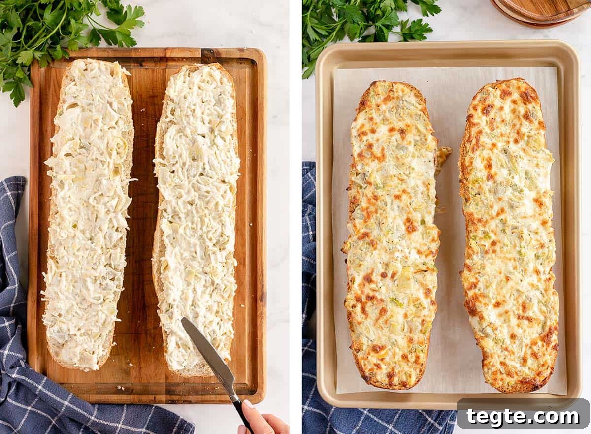 Cheesy Artichoke Pull-Apart Bread for Parties and Snacks 6 An artichoke mixture being spread on a halved loaf of French bread.