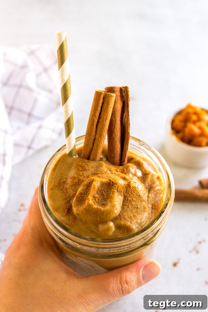 Date-Sweetened Pumpkin Smoothie Recipe for Fall Flavors 6 Pumpkin smoothie poured into glass