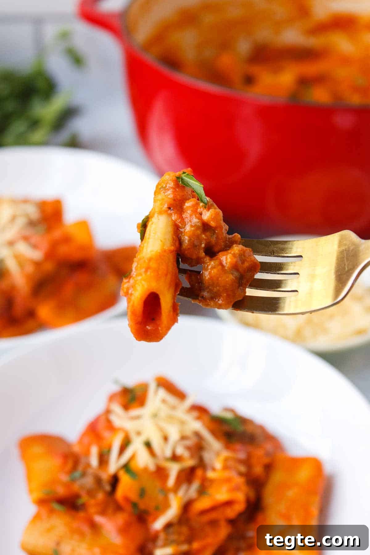 Creamy One Pot Rigatoni on a fork