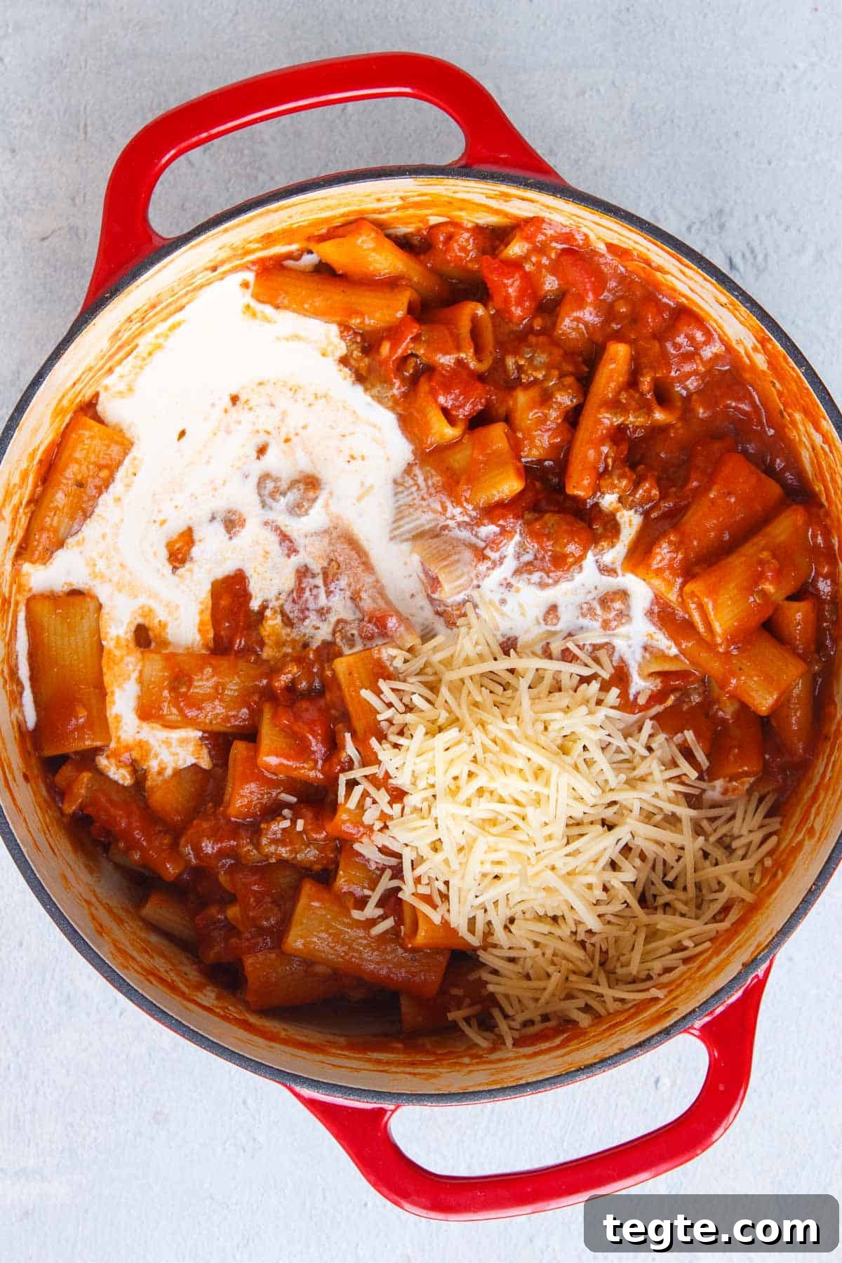 Heavy cream and parmesan were added to the rigatoni
