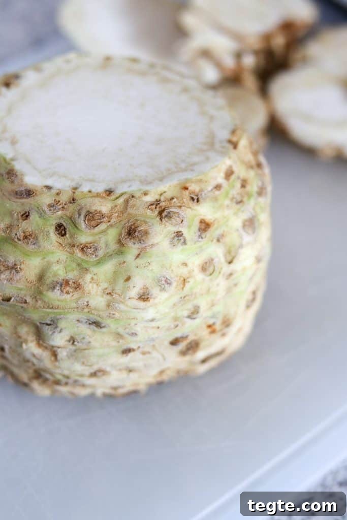 A close up of a celery root
