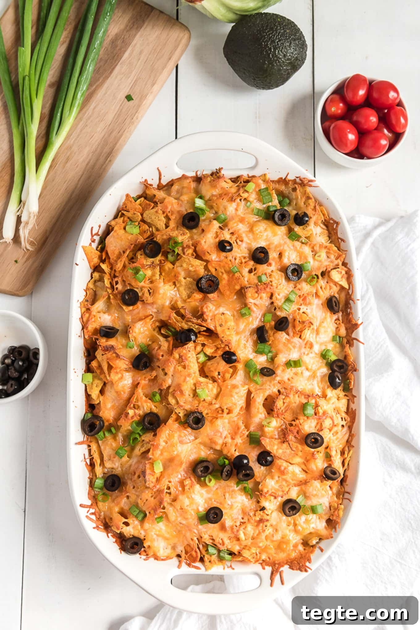 Doritos Taco Casserole: Cheesy Tex-Mex Bake Everyone Loves 5 Above shot of taco casserole with Doritos in a casserole dish.