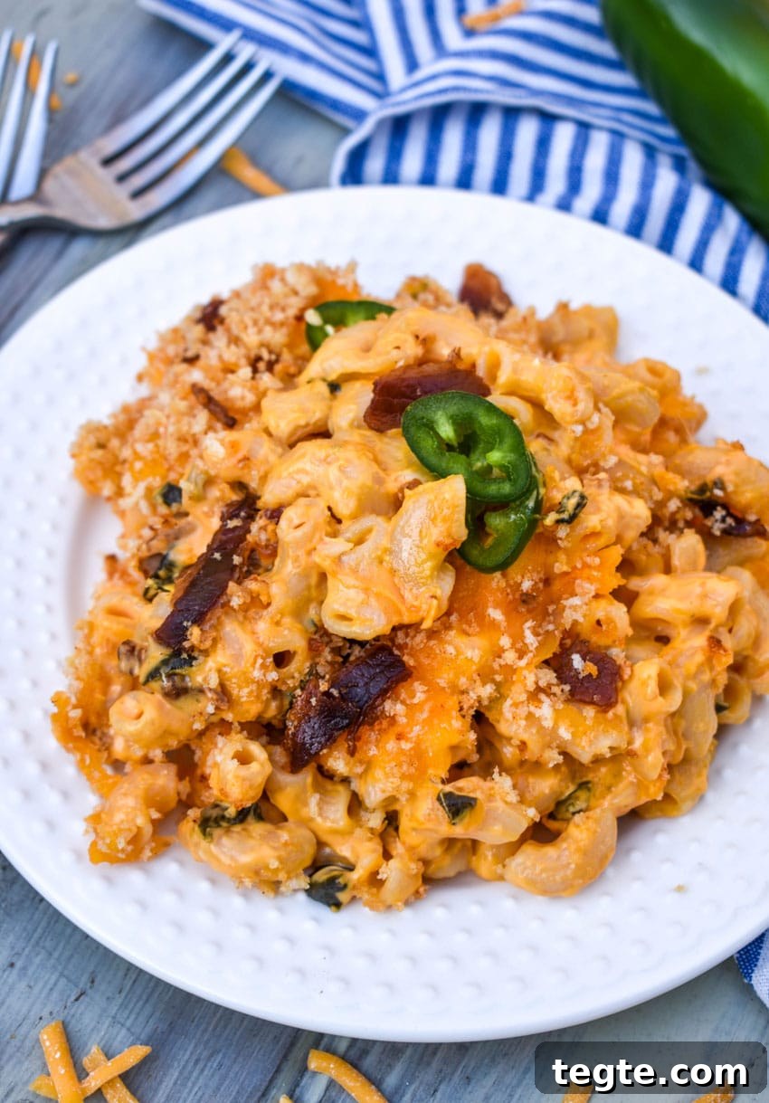 jalapeno popper mac and cheese on a small white plate