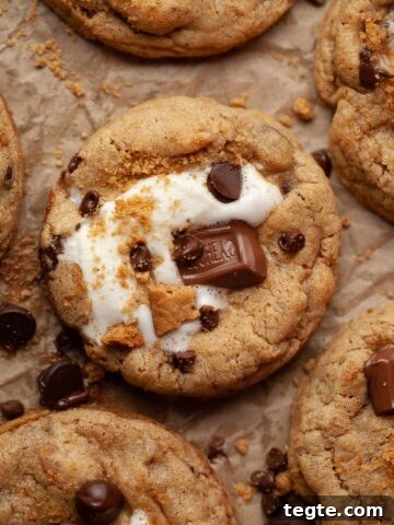 s'mores cookies with hershey chocolate and gluten free graham crackers on brown parchment