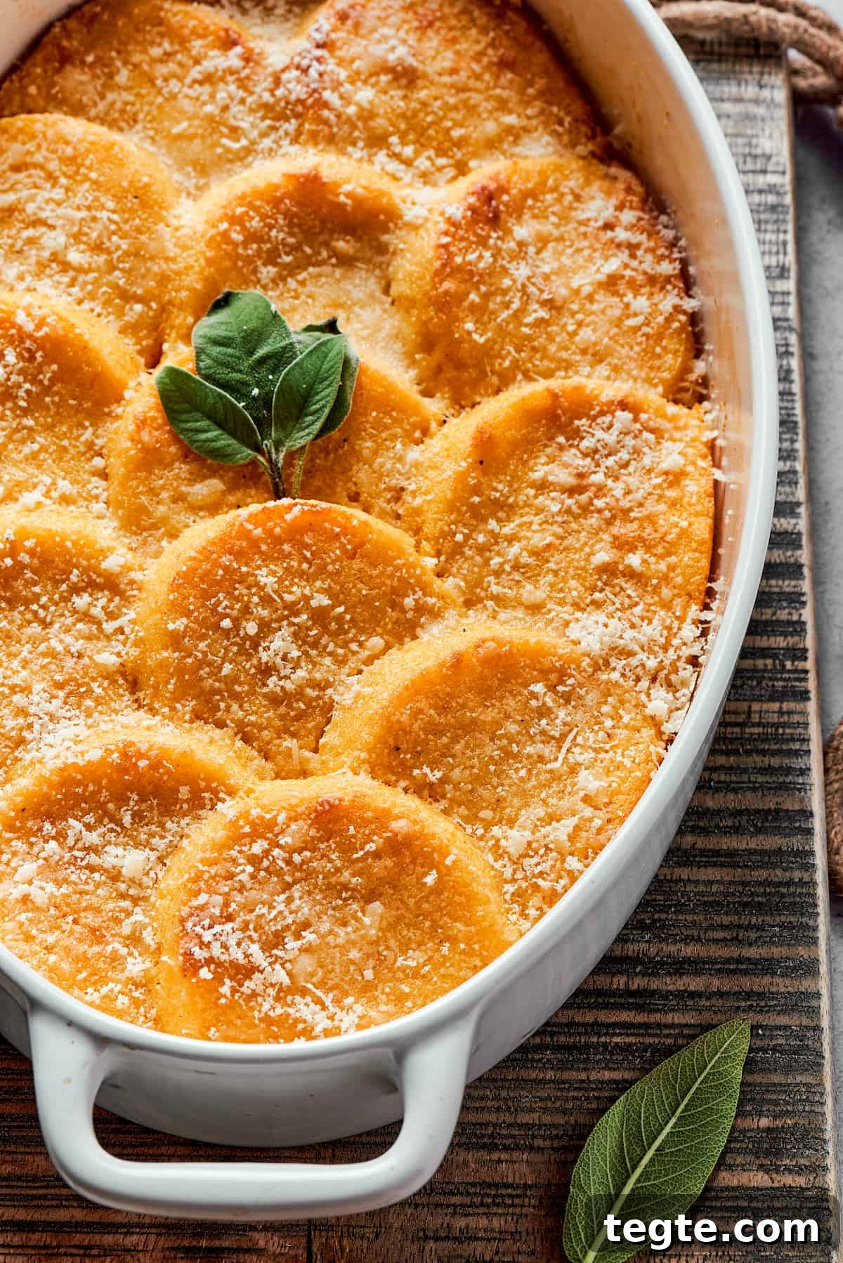 An oval baking dish holds about 13 round gnocchi.