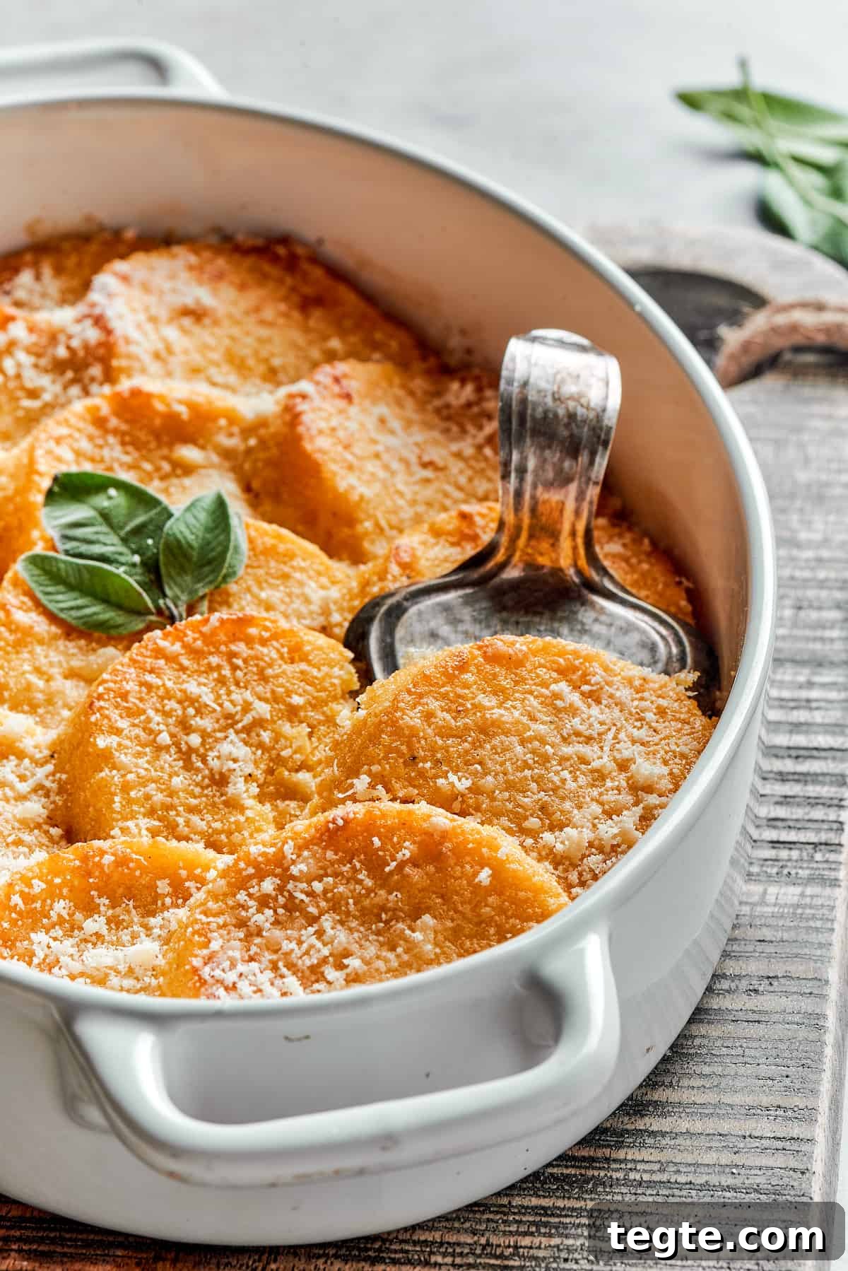 A serving dish of buttered gnocchi with parmesan.