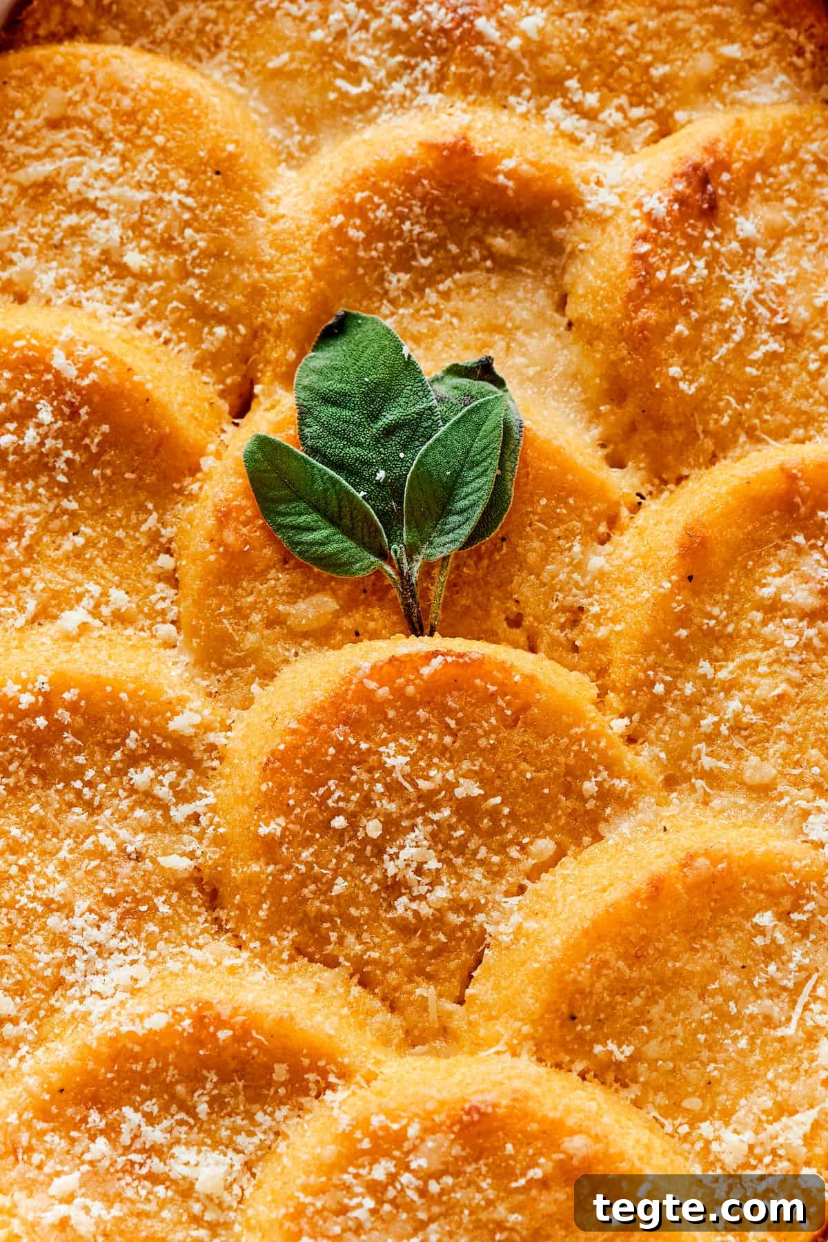 Close-up shot of layered semolina gnocchi, baked crispy with parmesan cheese and garnished with sage.