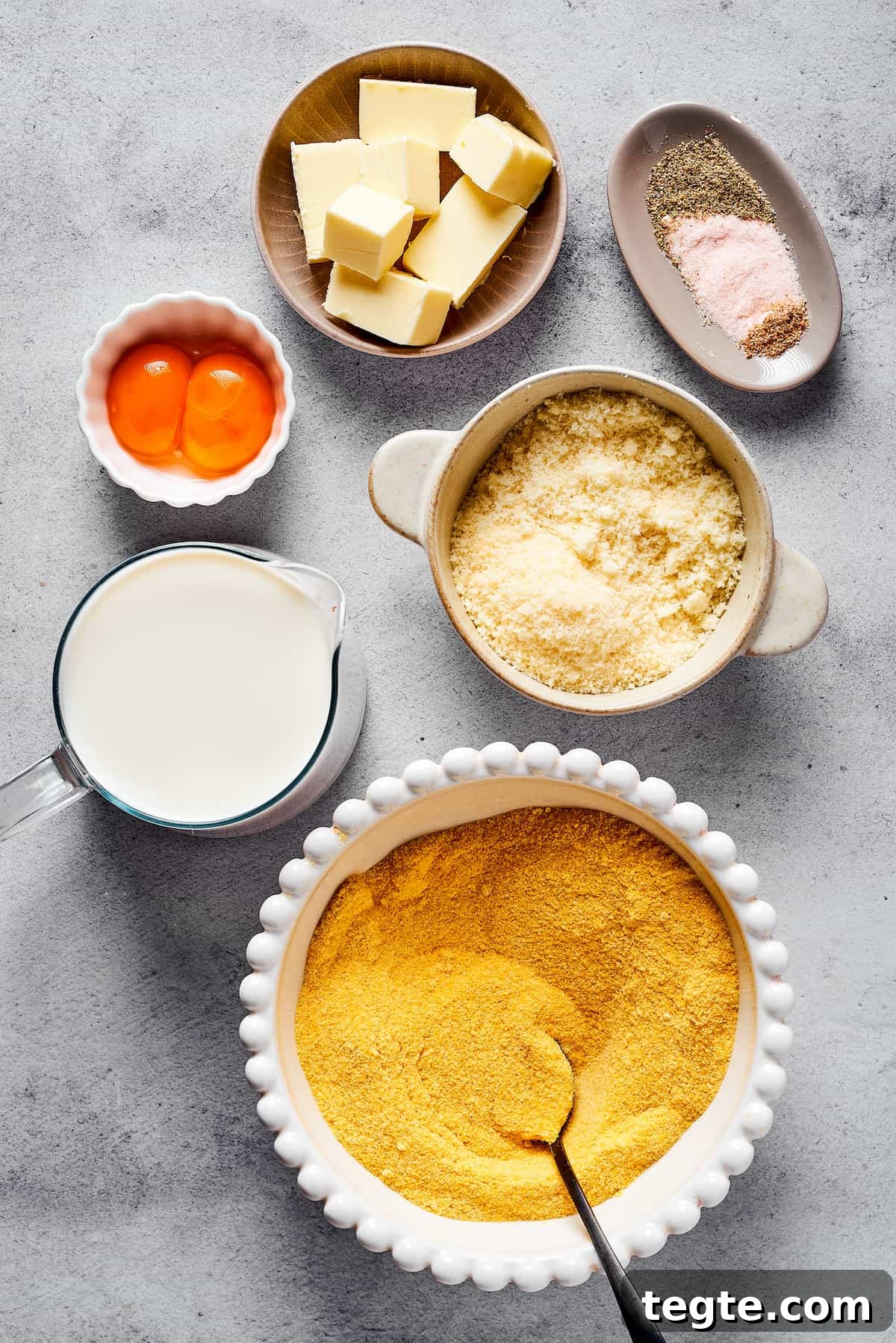 From top: Butter, seasonings, egg yolks, parmesan cheese, milk, semolina.