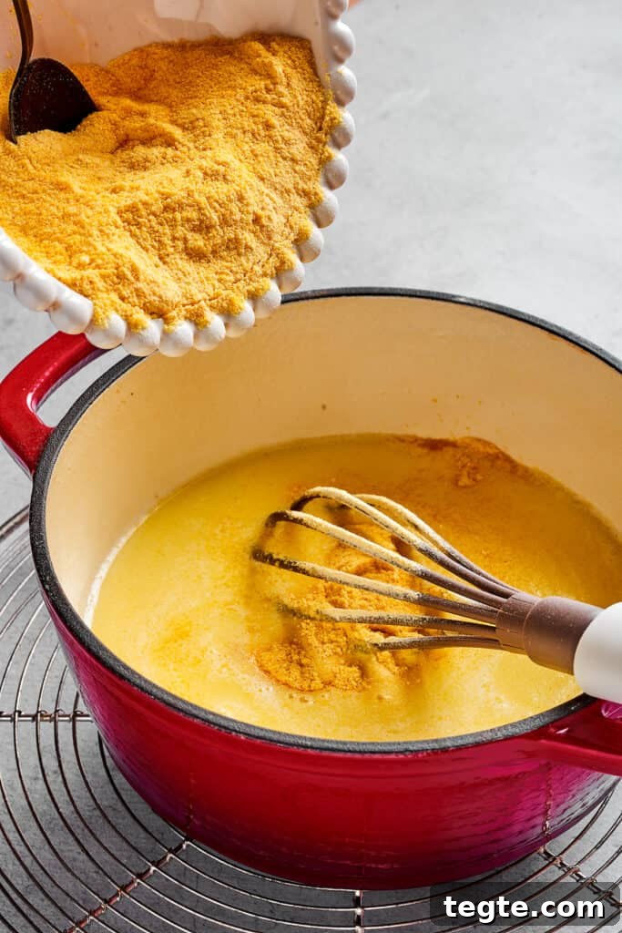 Semolina being stirred into a pot of liquid.