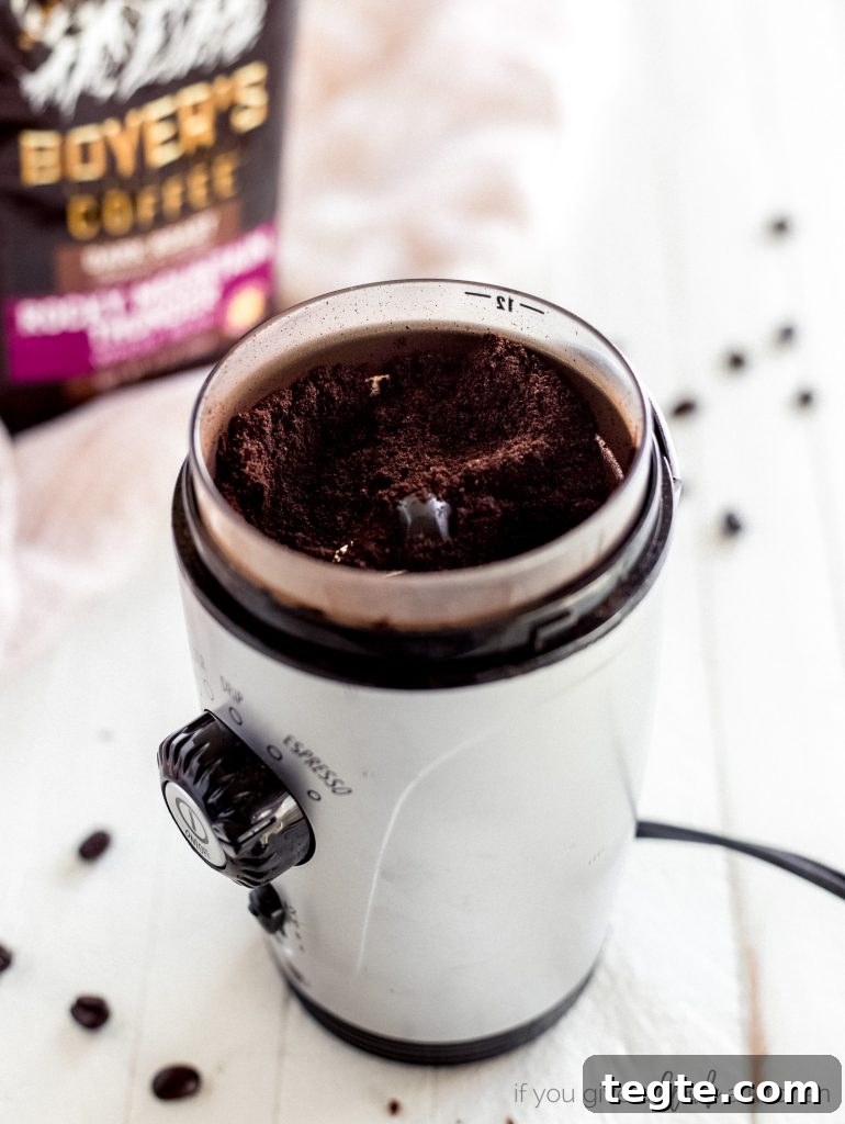 Microwave Double Chocolate Chip Mug Cookie Recipe 4 espresso ground coffee in a coffee bean grinder