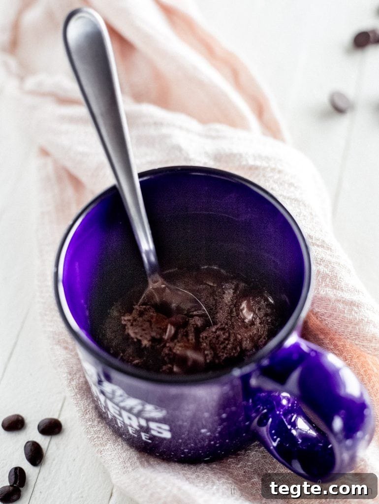 Microwave Double Chocolate Chip Mug Cookie Recipe 5 double chocolate chip cookie in a mug with spoon