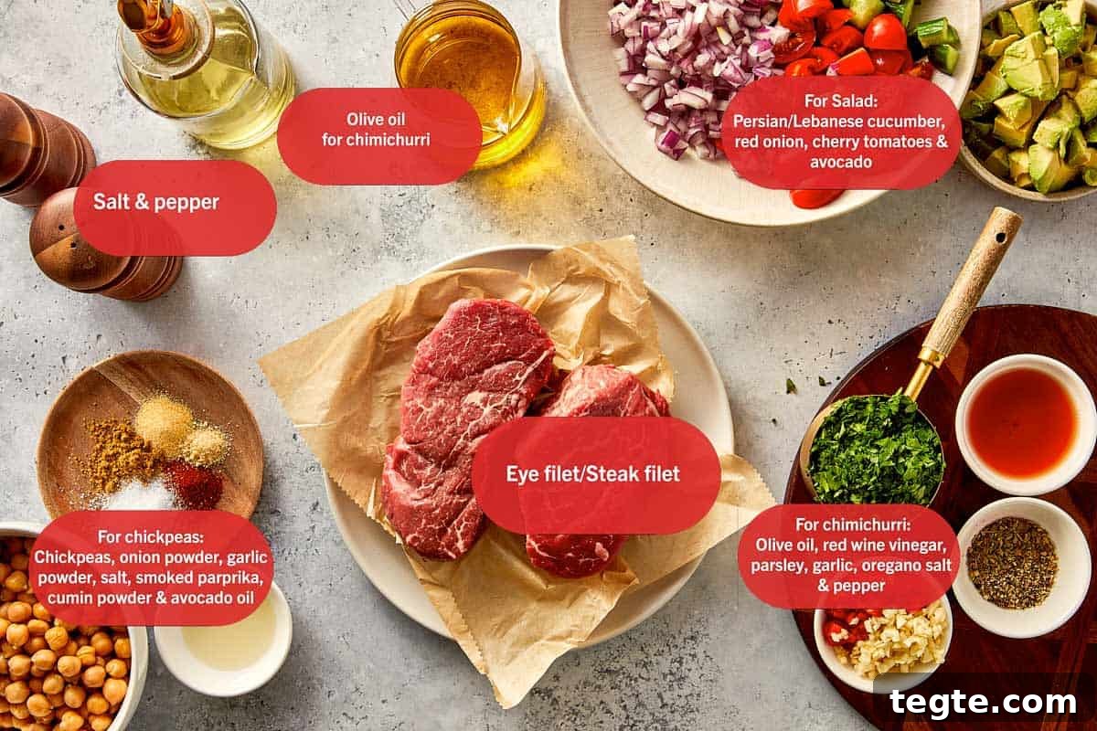 Top overview of ingredients for the steak and chickpea salad salad with chimichurri 
