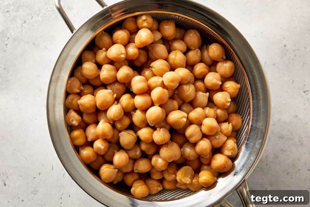 Top overview of clean chickpea in a colander