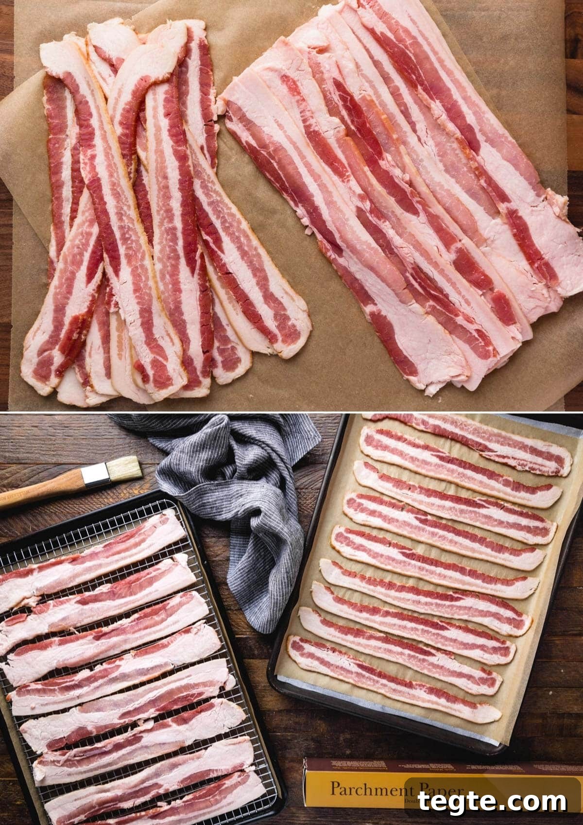 two photos of bacon on parchment paper and on baking sheets showing how to cook bacon in the oven