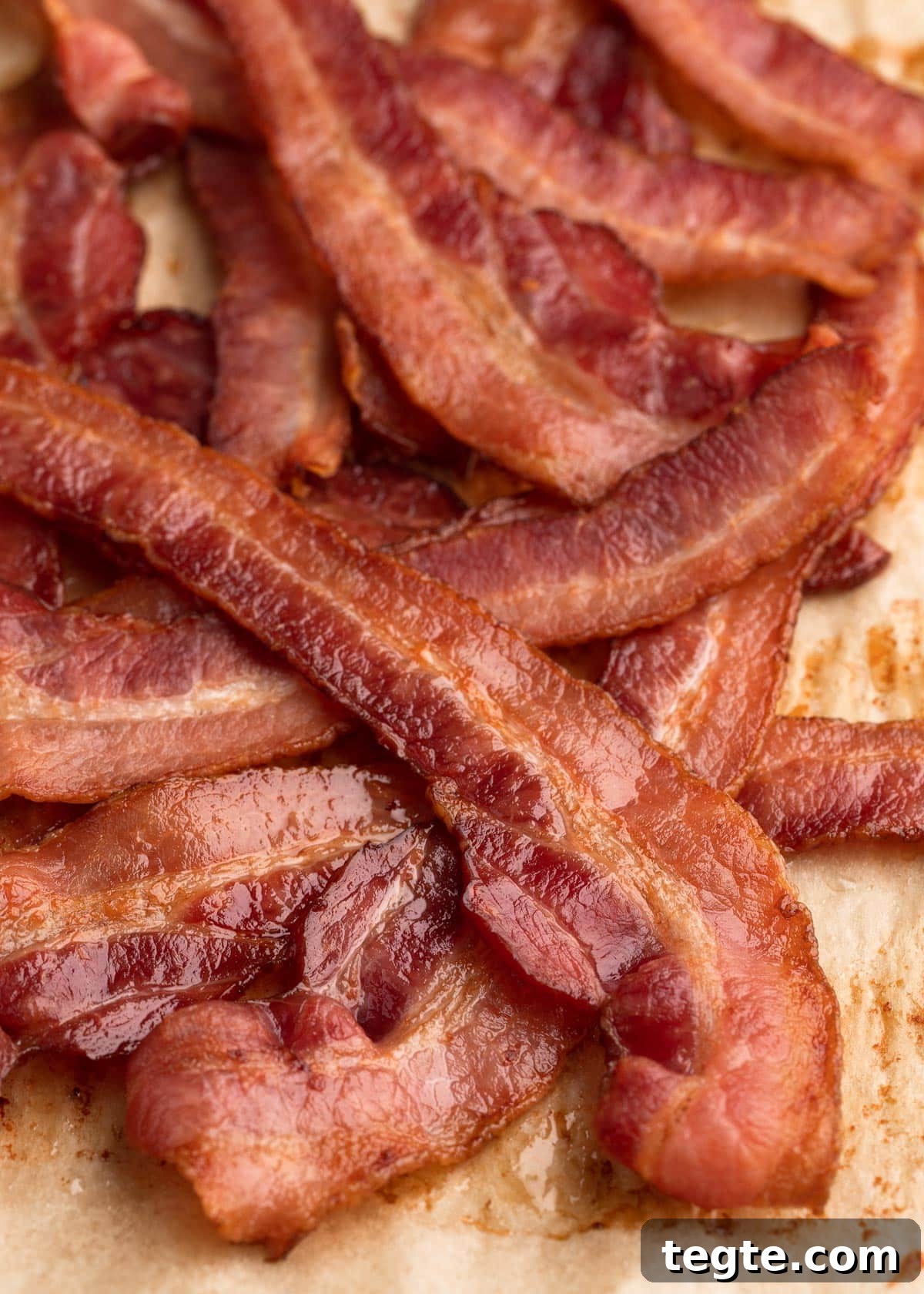 pile of baked bacon strips on a parchment-lined baking sheet