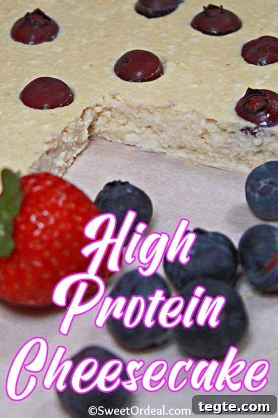 High Protein Cheesecake is made with cottage cheese, Greek yogurt, eggs, and protein powder for over 14 grams of protein per slice.