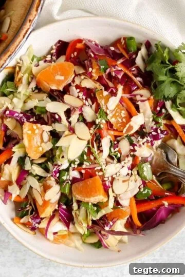 Asian cabbage salad sprinkled with sesame seeds and fresh cilantro in a small white bowl with two vintage forks.