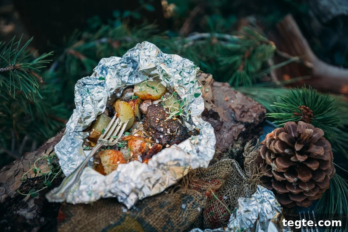 Steak and Potatoes in Foil Packet: Tender Grill-Packed Dinner 2 Opened foil wrapped steak and potatoes on log with fork