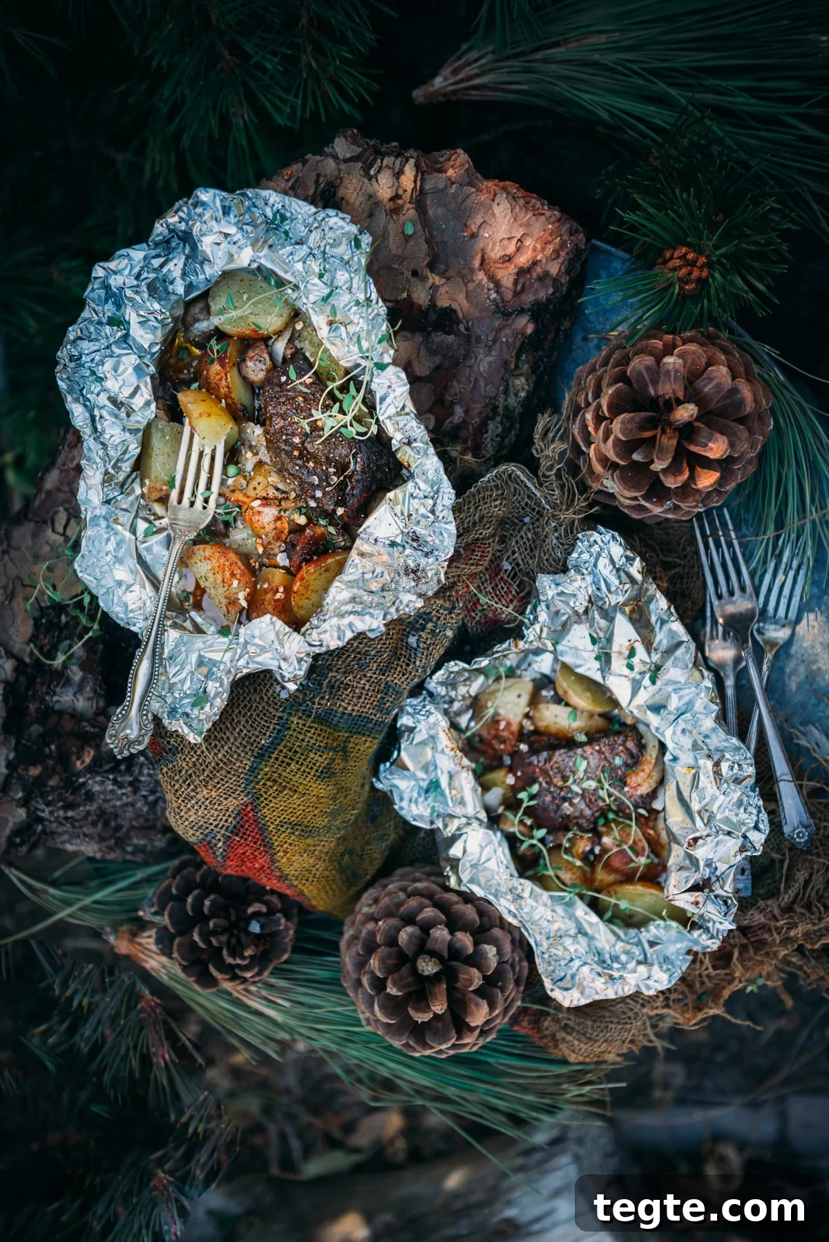 Steak and Potatoes in Foil Packet: Tender Grill-Packed Dinner 17 Above shot of two foil wrapped steak and potato meals opened to show food.