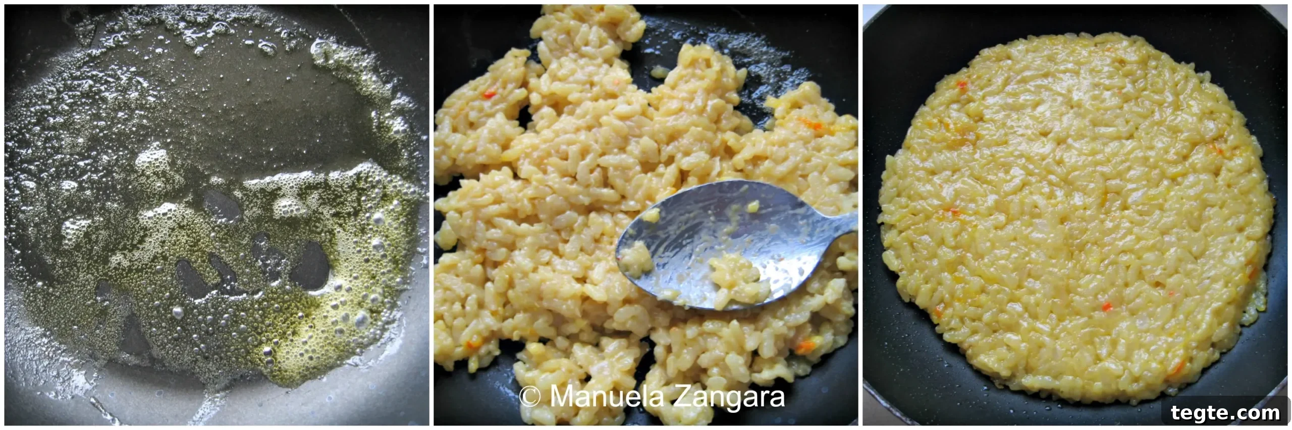 Crispy Pan-Fried Rice (Riso al Salto) 3 Collage showing butter melting, risotto added to the pan, and rice flattened into an even layer.