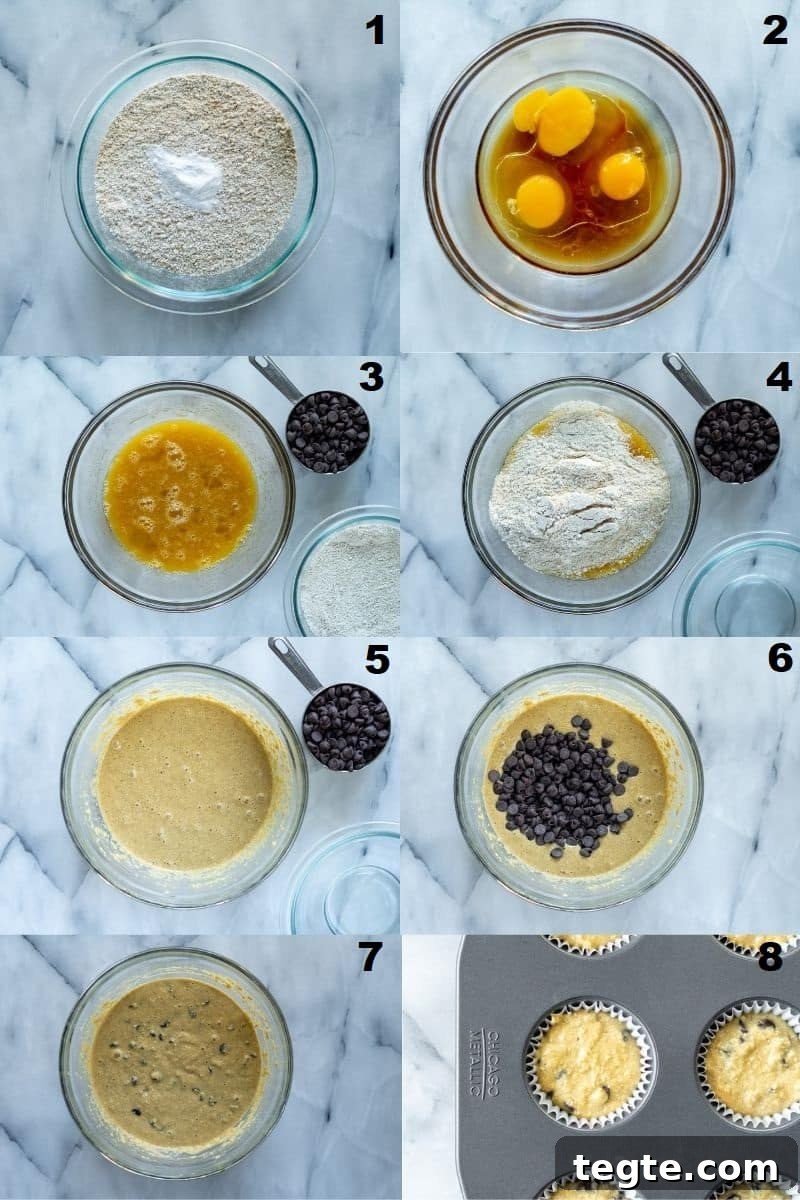 Chocolate Chip Oat Flour Muffins — Gluten-Friendly Recipe 5 a collage of eight photos showing the steps to make oat flour muffins