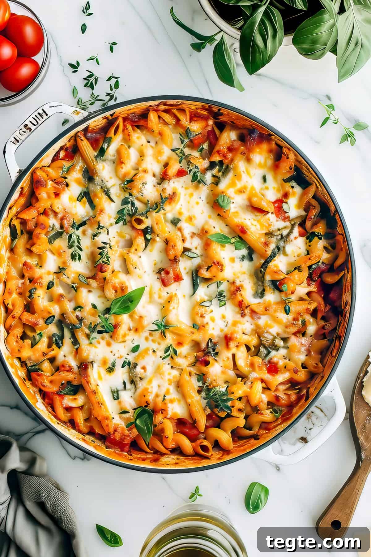 Vegetable Pasta Bake with Creamy Cheese and Roasted Veggies 2 Vegetable pasta bake with penne in a casserole dish with baked cheese.