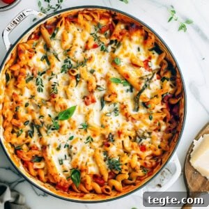 Vegetable Pasta Bake with Creamy Cheese and Roasted Veggies 5 Vegetable pasta bake with penne in a casserole dish with baked cheese.