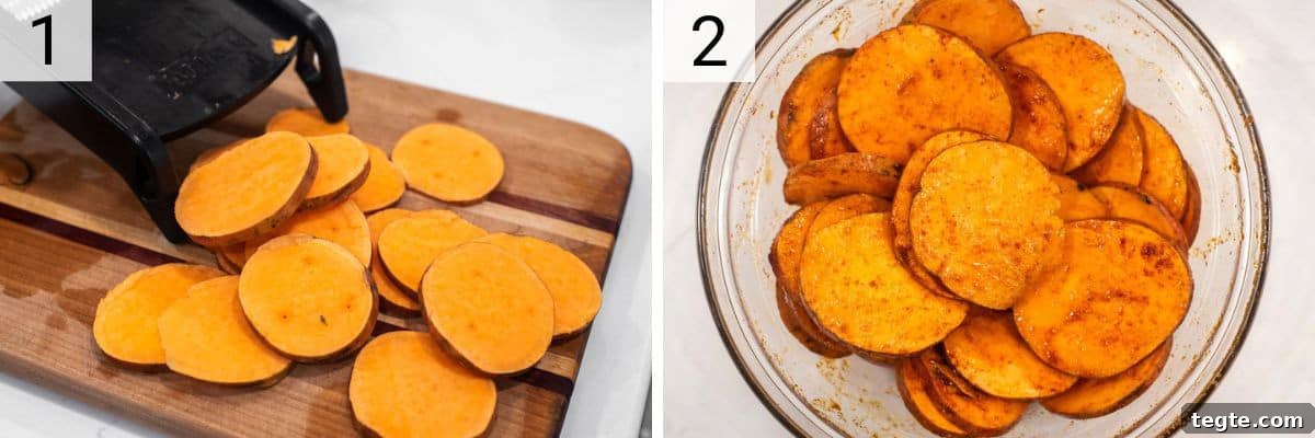 process shots of slicing sweet potatoes and tossing with olive oil, paprika and salt