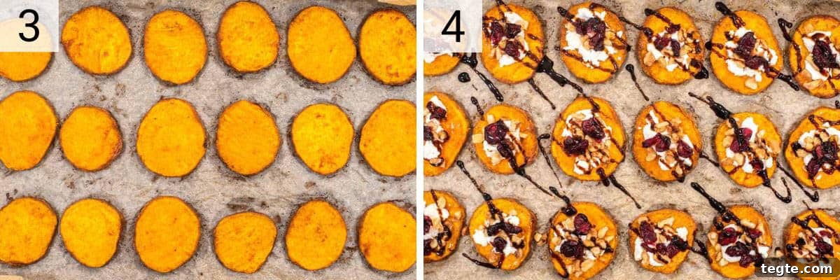 process shots of roasting the sweet potatoes on the baking sheet and adding the rest of the ingredients