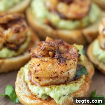 shrimp crostini on cutting board