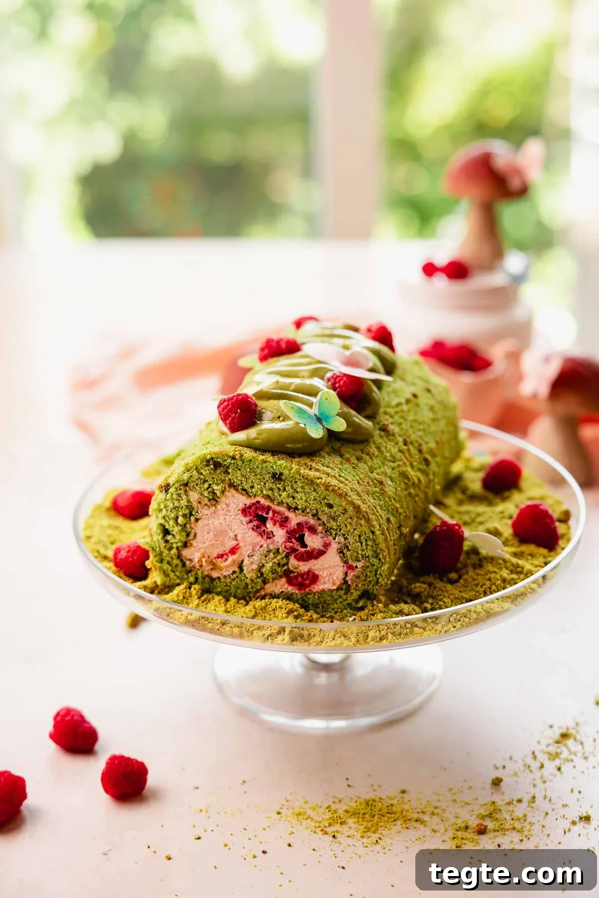 Raspberry and Pistachio Cake Roll Recipe for Spring Gatherings 2 raspberry pistachio cake roll on cake plate