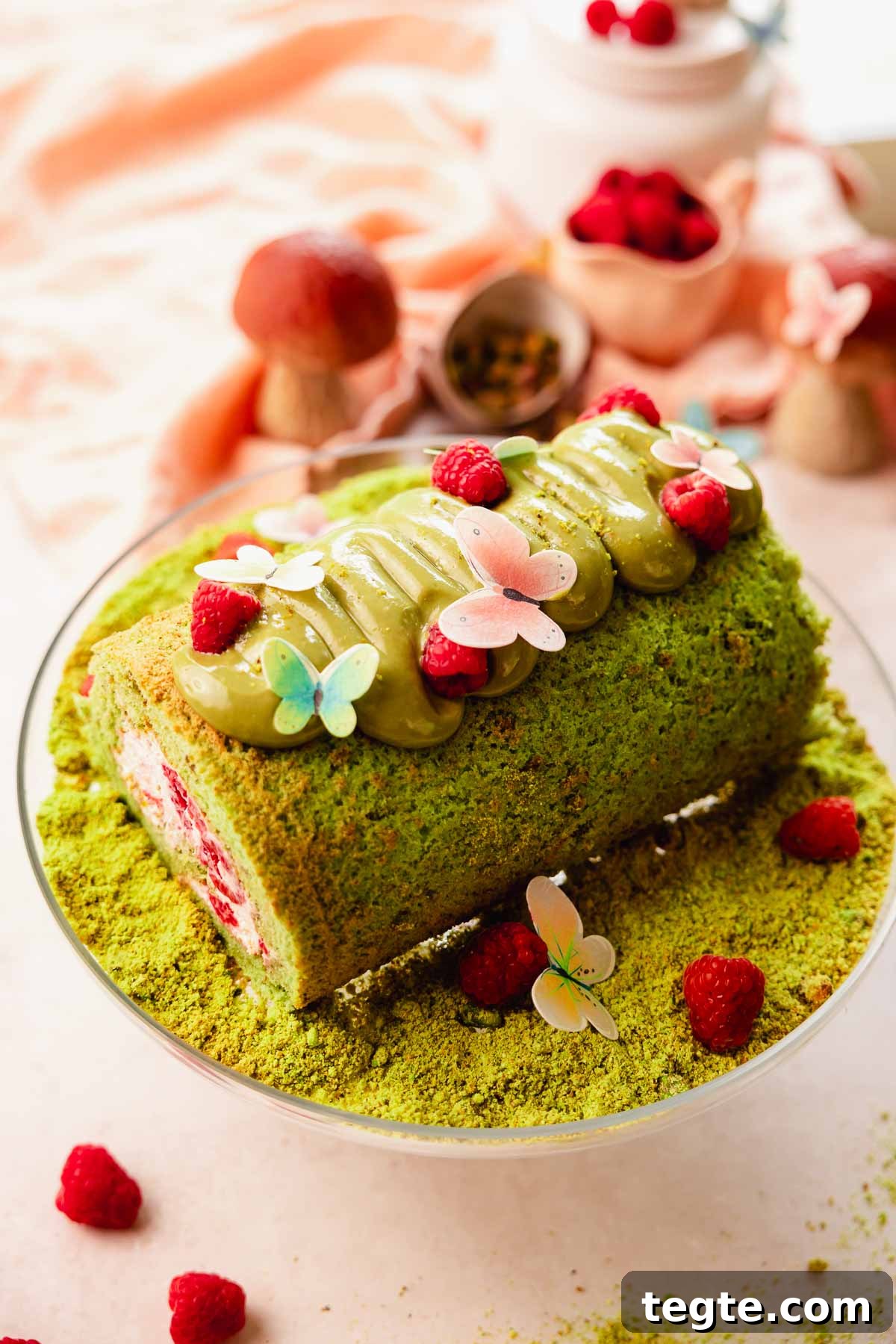 Raspberry and Pistachio Cake Roll Recipe for Spring Gatherings 18 pistachio cake roll with butterflies