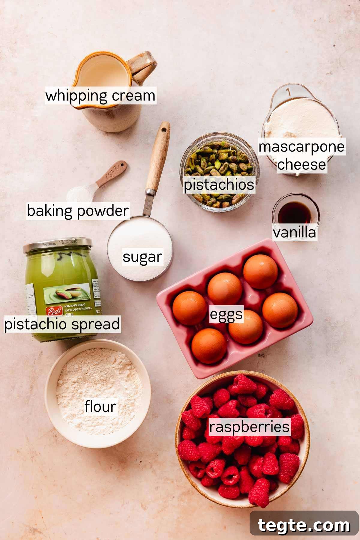Raspberry and Pistachio Cake Roll Recipe for Spring Gatherings 4 raspberry pistachio cake roll ingredients in bowls