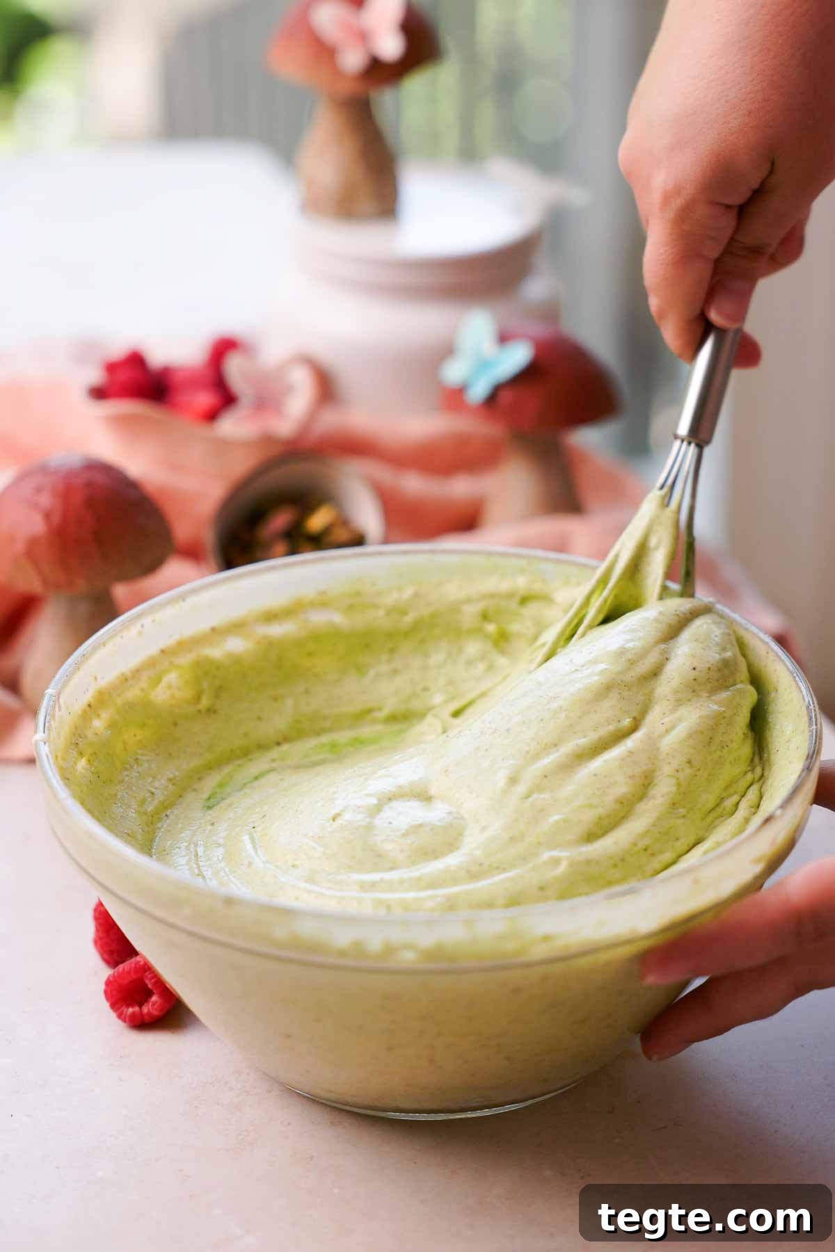 Raspberry and Pistachio Cake Roll Recipe for Spring Gatherings 6 folding pistachio roll cake batter with wire whisk in large glass bowl