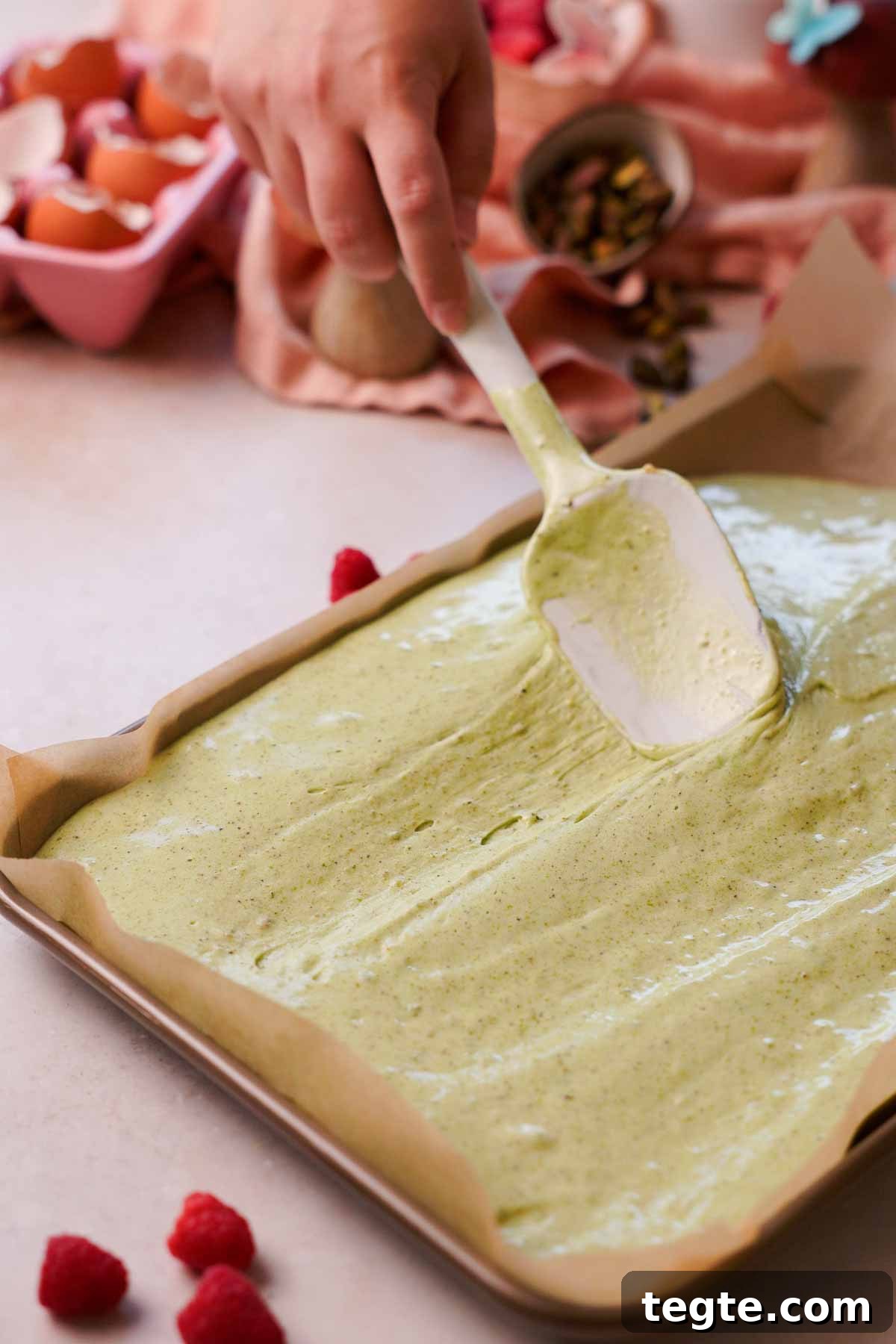 Raspberry and Pistachio Cake Roll Recipe for Spring Gatherings 7 spreading pistachio spongecake batter on cake pan