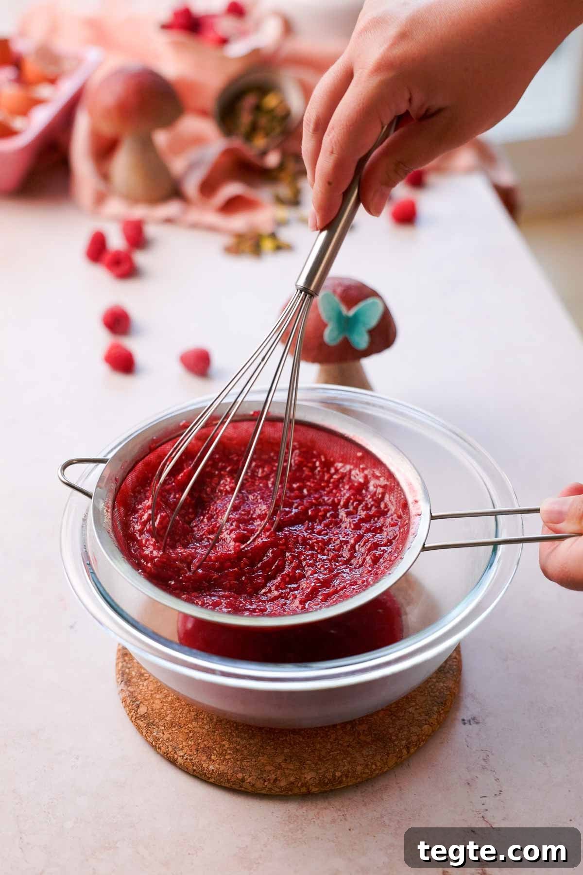 Raspberry and Pistachio Cake Roll Recipe for Spring Gatherings 10 straining raspberry seeds through sieve with a wire whisk into a glass bowl