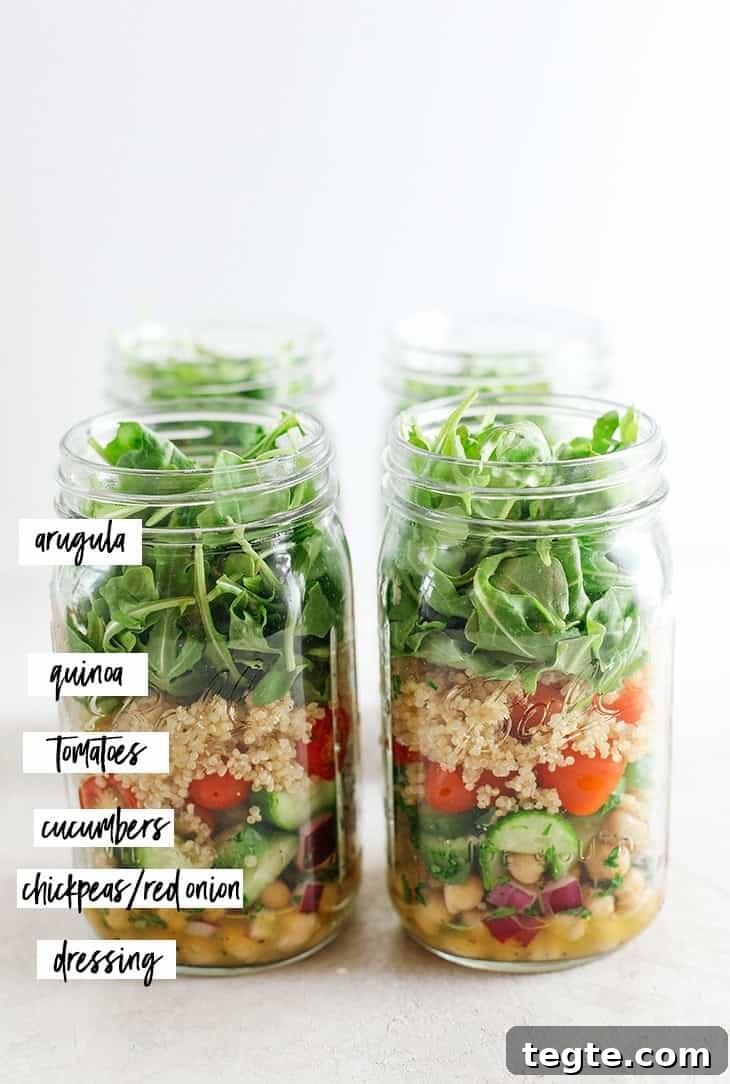 Layered mason jar salad with lemon garlic dressing
