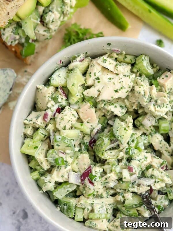 White ceramic bowl with Green Goddess Chicken Salad