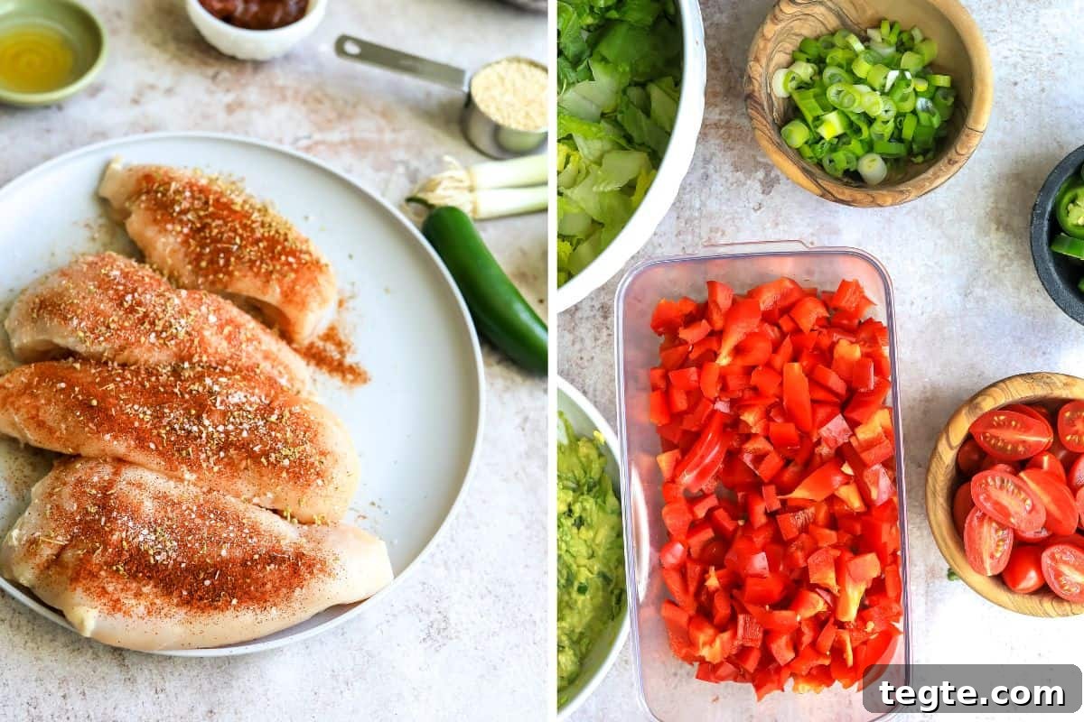 Chicken seasoning on a grey plate and chopped veggies in bowls.