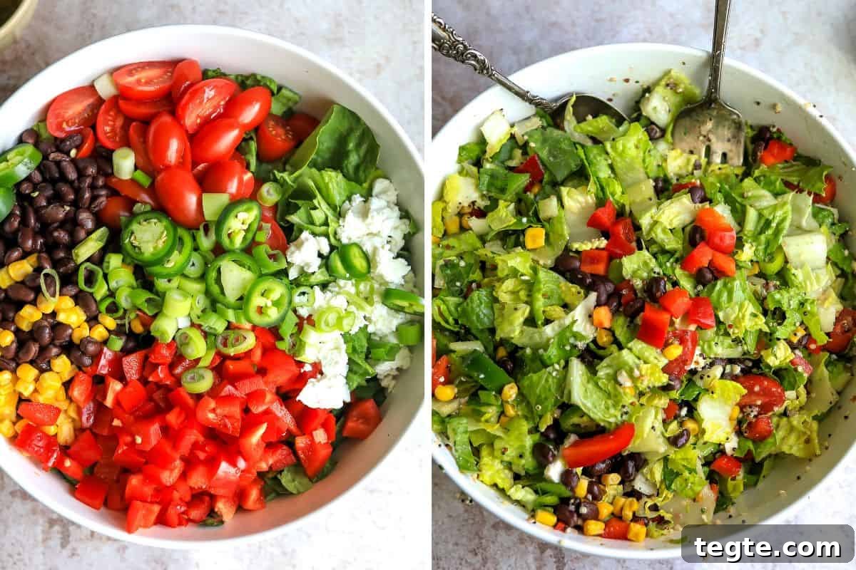 Large white bowl with all the salad ingredients in it before mixing up.