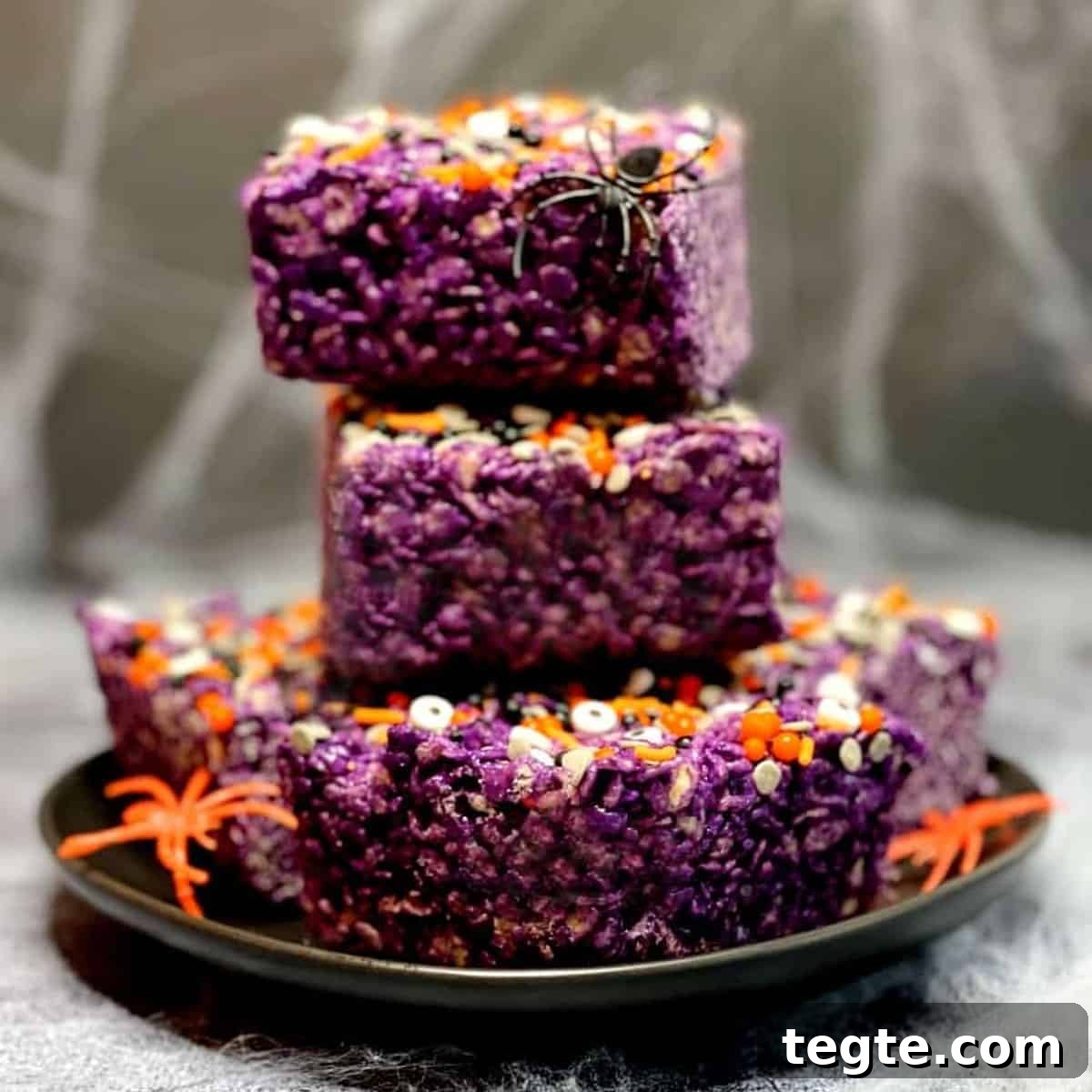 ube-halloween-rice-krispie-treats-in-a-stack