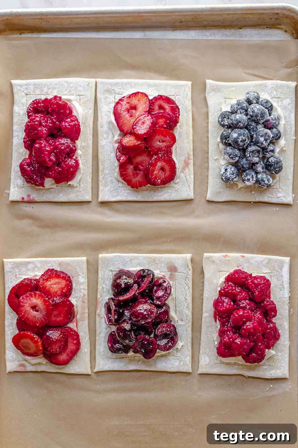 Fruit and Cream Cheese Danish with Flaky Puff Pastry 11 Pre-baked fruit and cream cheese danishes ready to be baked.